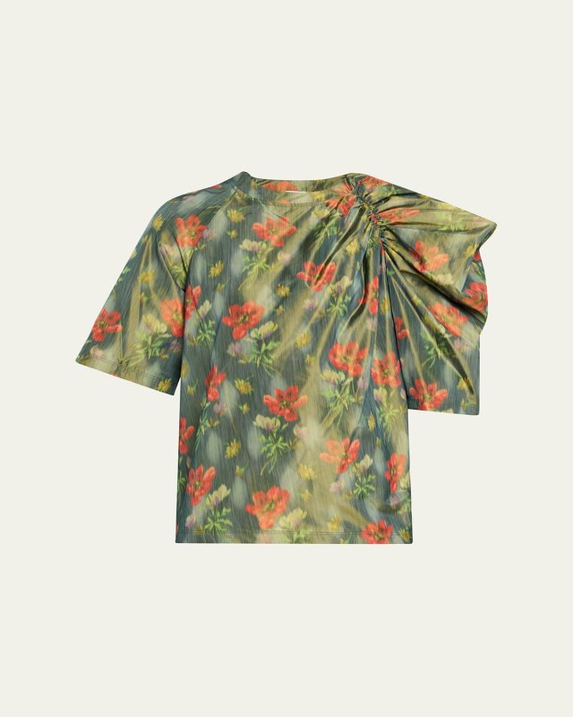 Floral Taffeta Asymmetric Puff Shoulder Top
